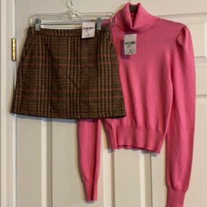 Pink Turtleneck with Plaid Skirt
